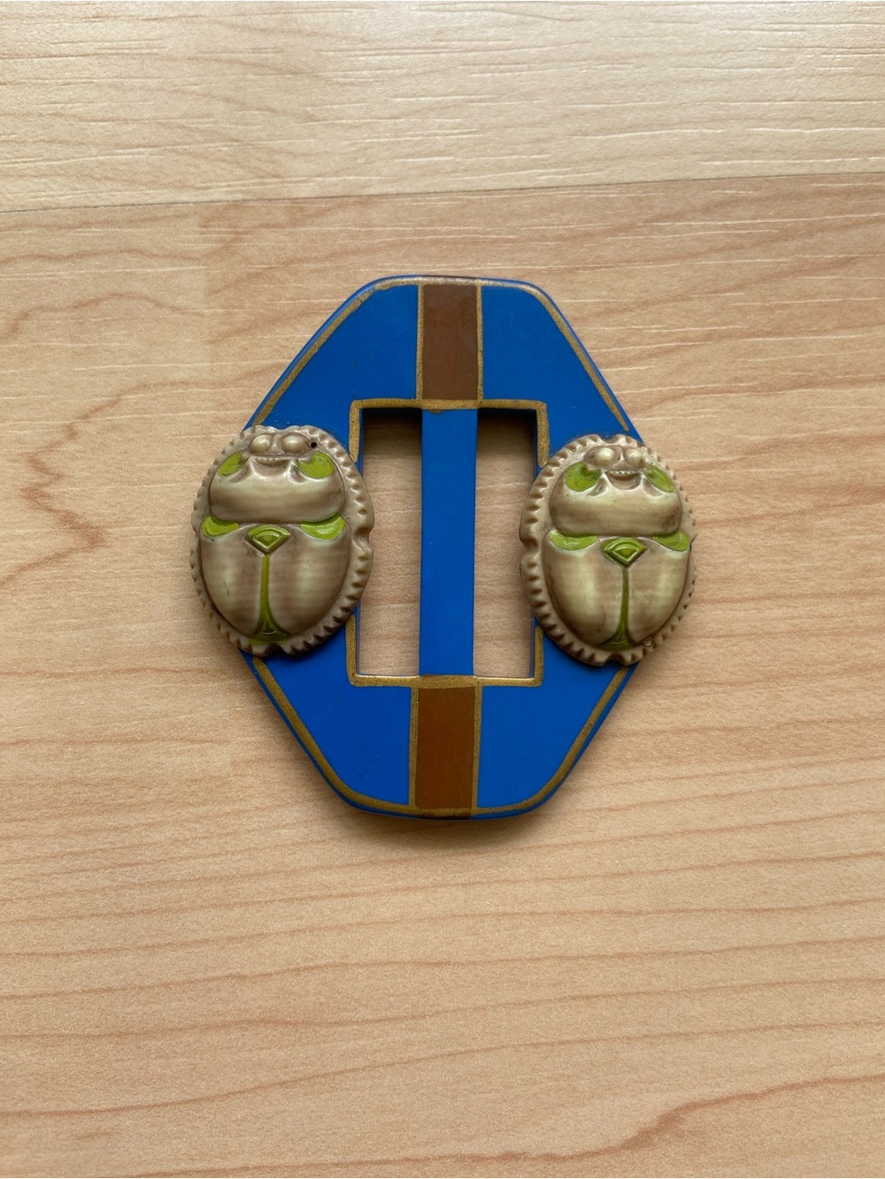 Scarab Egyptian Style Belt Buckle Strap Vintage Plastic Repurpose Gold Stripes